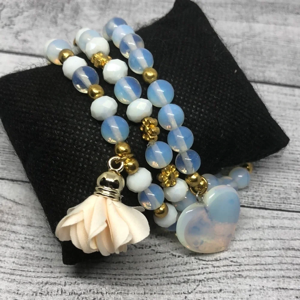 Bundle lot 3 opalite beaded charm bracelets statement boho festival layering